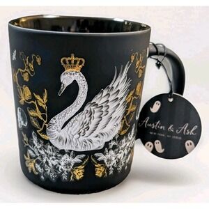 Austin & Ash 18 oz Mug Swan Skull Goth Witchy Halloween Ceramic Black White Gold